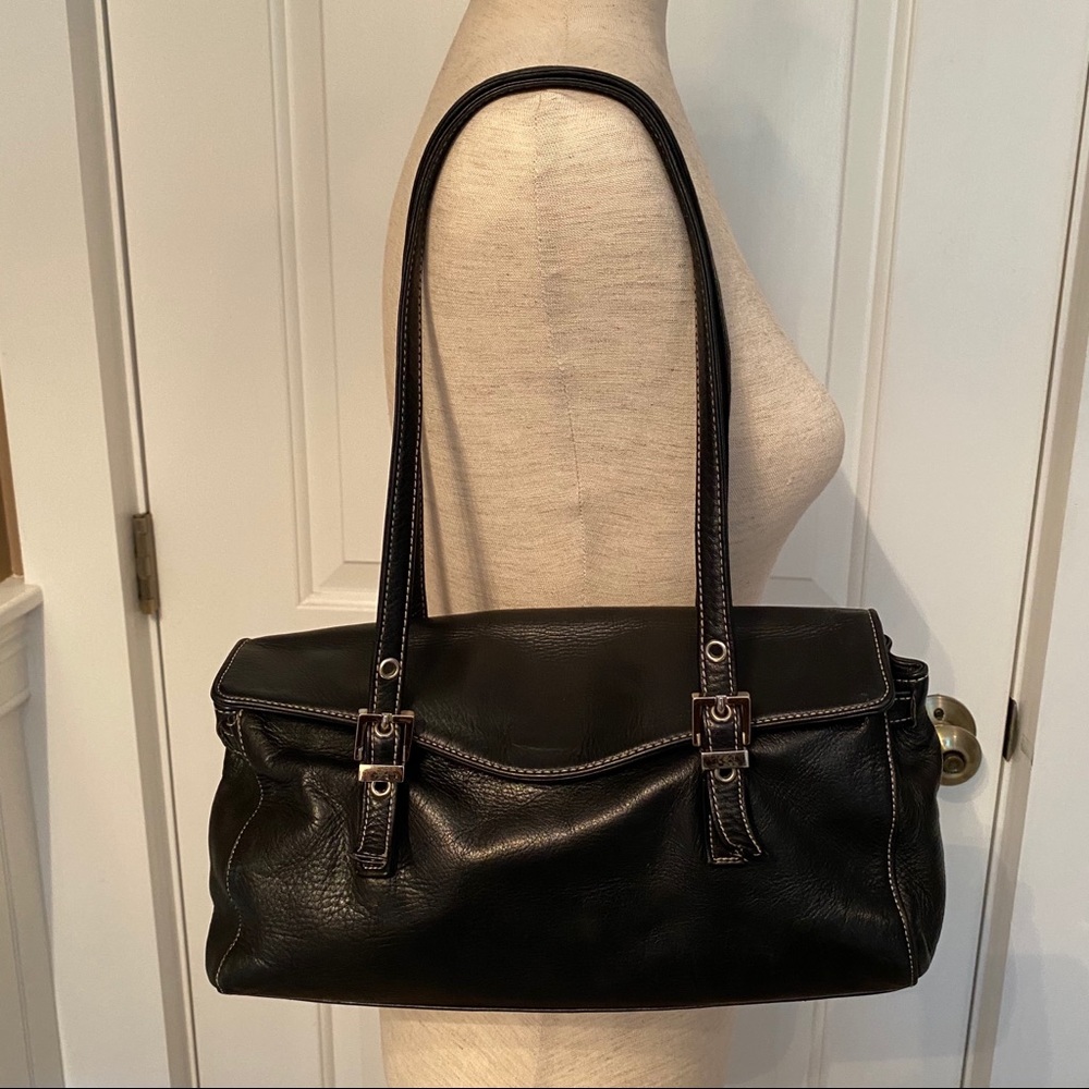 PERLINA SHOULDER BAG SATCHEL BLACK LEATHER 2 STRAP FLAP CLOSE - Picture 2 of 12